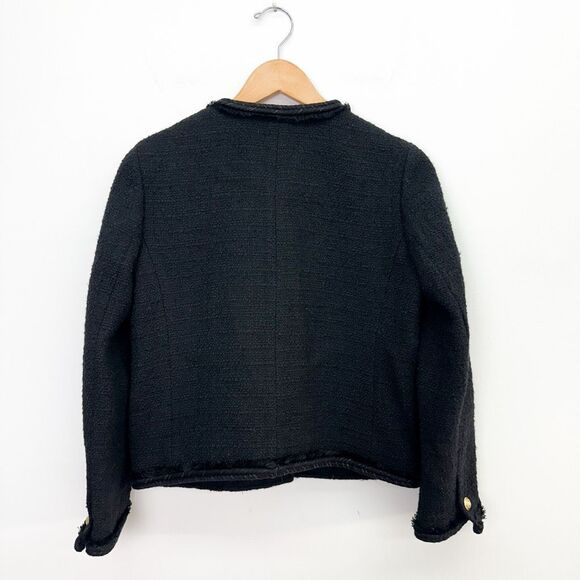 J. Crew Women’s Black Cropped Lady Tweed Jacket Gold Buttons Fringe Trim Pockets - Picture 3 of 15